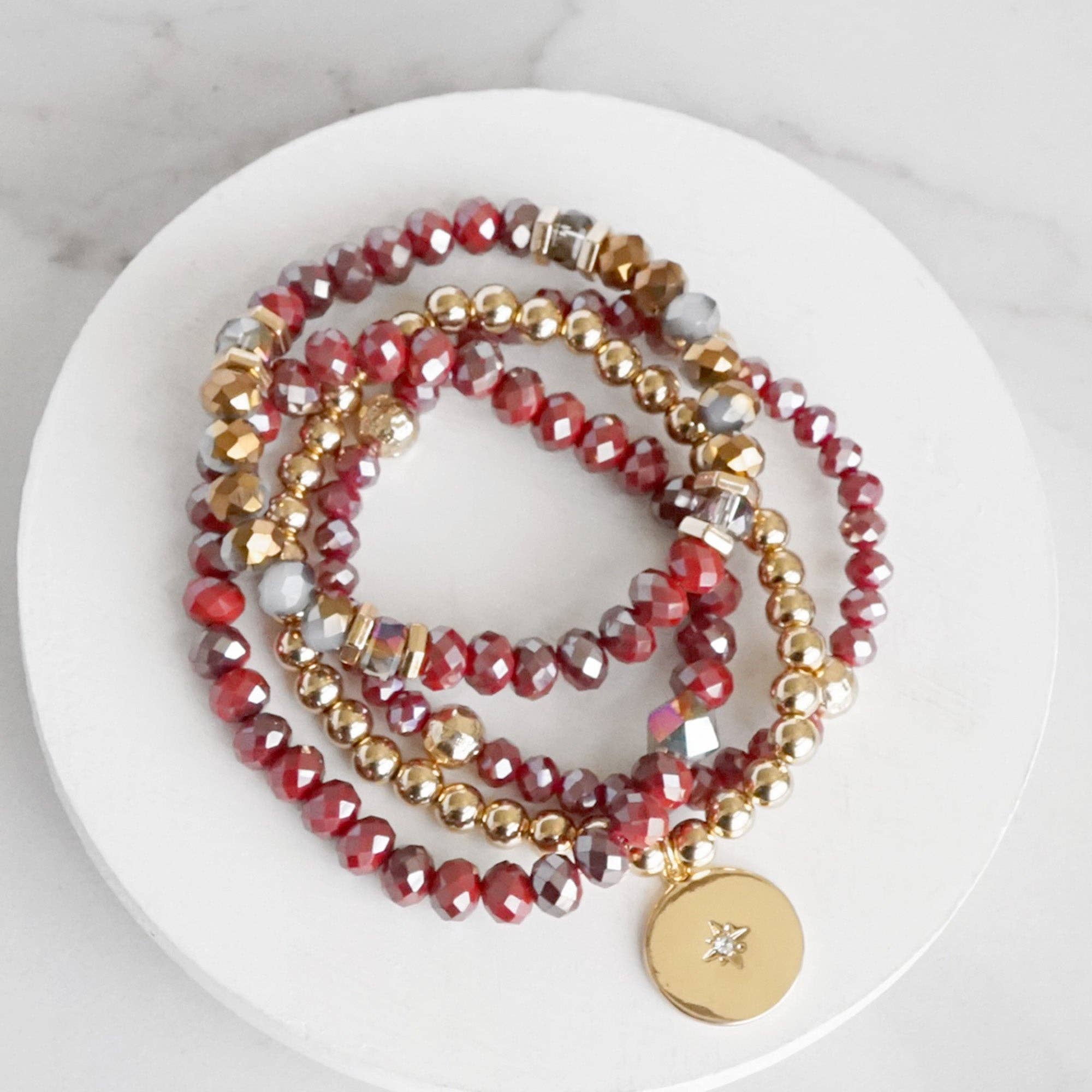 Bracelet Stack Gold Coin Sparkly Wine Red Glass Metal