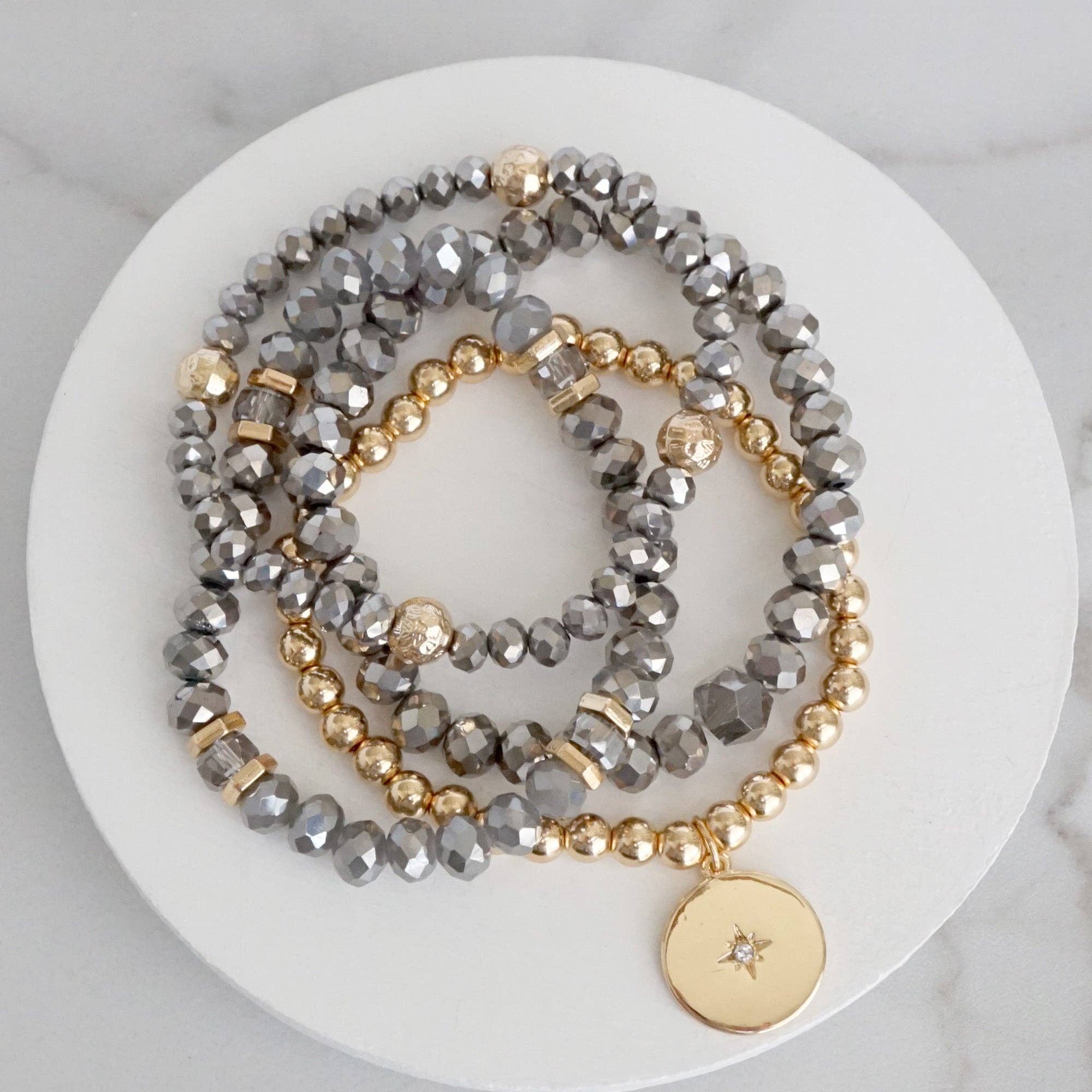 Bracelet Stack Gold Coin Sparkly Grey Hematite Glass Metal