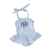 Load image into Gallery viewer, Monogrammed Baby Blue Cotton Seersucker Ruffled Swimsuit