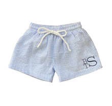 Load image into Gallery viewer, Monogrammed Boys Baby Blue Cotton Seersucker Swim Trunks