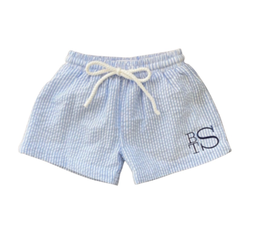 Monogrammed Boys Baby Blue Cotton Seersucker Swim Trunks