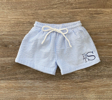 Load image into Gallery viewer, Monogrammed Boys Baby Blue Cotton Seersucker Swim Trunks