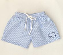 Load image into Gallery viewer, Monogrammed Boys Baby Blue Cotton Seersucker Swim Trunks