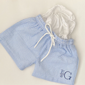 Monogrammed Boys Baby Blue Cotton Seersucker Swim Trunks