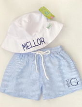 Load image into Gallery viewer, Monogrammed Boys Baby Blue Cotton Seersucker Swim Trunks