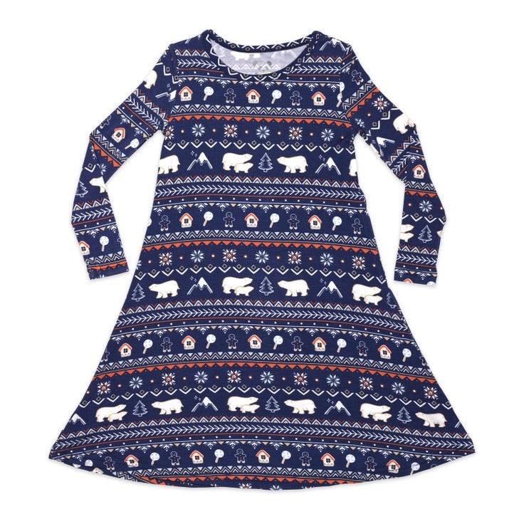 Blue Polar Isle Bamboo Girls Long Sleeve Lounge Dress Bows and Belongings Blue Polar Isle Bamboo Girls Long Sleeve Lounge Dress Bows and Belongings