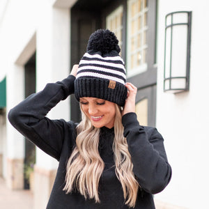 Adult Knit Pom Striped CC Beanie