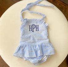 Load image into Gallery viewer, Monogrammed Baby Blue Cotton Seersucker Ruffled Swimsuit