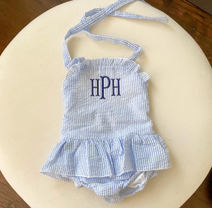 Monogrammed Baby Blue Cotton Seersucker Ruffled Swimsuit