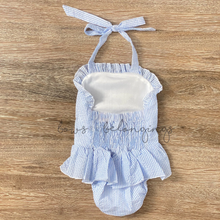 Load image into Gallery viewer, Monogrammed Baby Blue Cotton Seersucker Ruffled Swimsuit