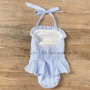 Monogrammed Baby Blue Cotton Seersucker Ruffled Swimsuit