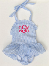 Load image into Gallery viewer, Monogrammed Baby Blue Cotton Seersucker Ruffled Swimsuit