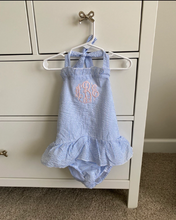 Load image into Gallery viewer, Monogrammed Baby Blue Cotton Seersucker Ruffled Swimsuit