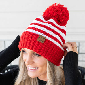 Adult Knit Pom Striped CC Beanie