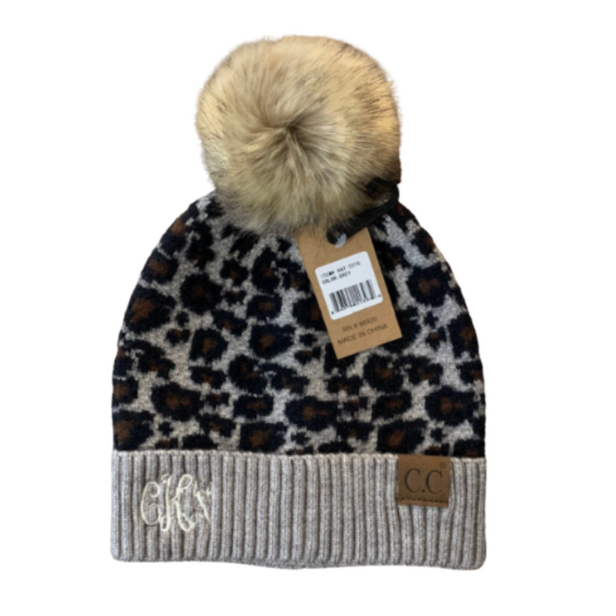 Adult Luxury Animal Print Fur Pom CC Beanie