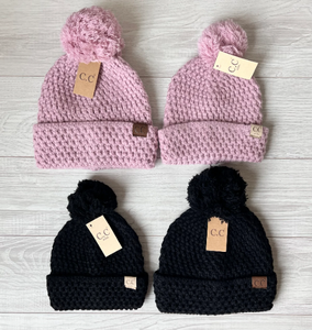 Mommy and Me Matching Bee Knit Stitch Pom CC Beanie Hats