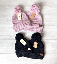 Load image into Gallery viewer, Mommy and Me Matching Bee Knit Stitch Pom CC Beanie Hats