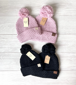 Mommy and Me Matching Bee Knit Stitch Pom CC Beanie Hats