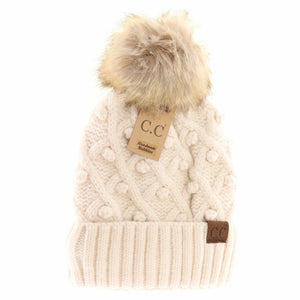 Adult Bobble Knit Fur Pom C.C Beanie