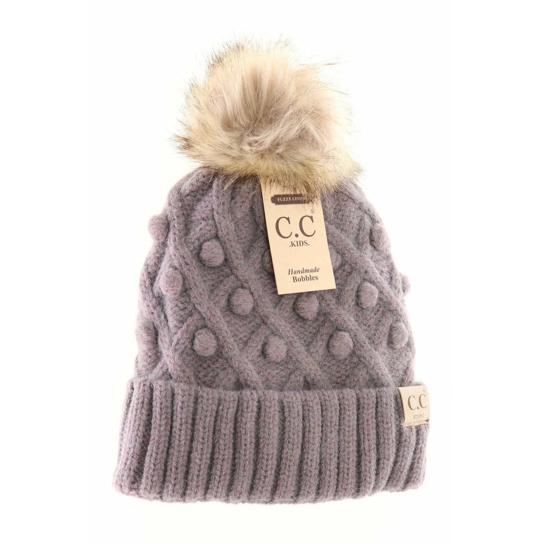 Kids Bobble Knit Faux Fur Pom CC Beanie