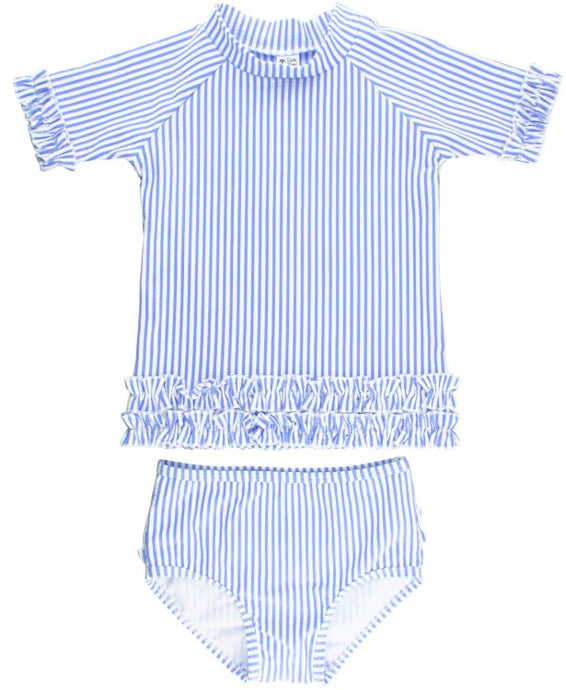 Periwinkle Blue Seersucker Ruffled Rash Guard Swimsuit Set