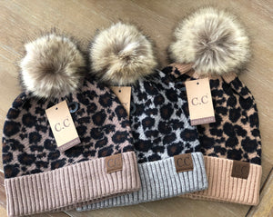 Adult Luxury Animal Print Fur Pom CC Beanie