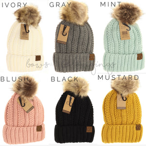 Mommy and Me Fuzzy Lined Fur Pom CC Beanie Set