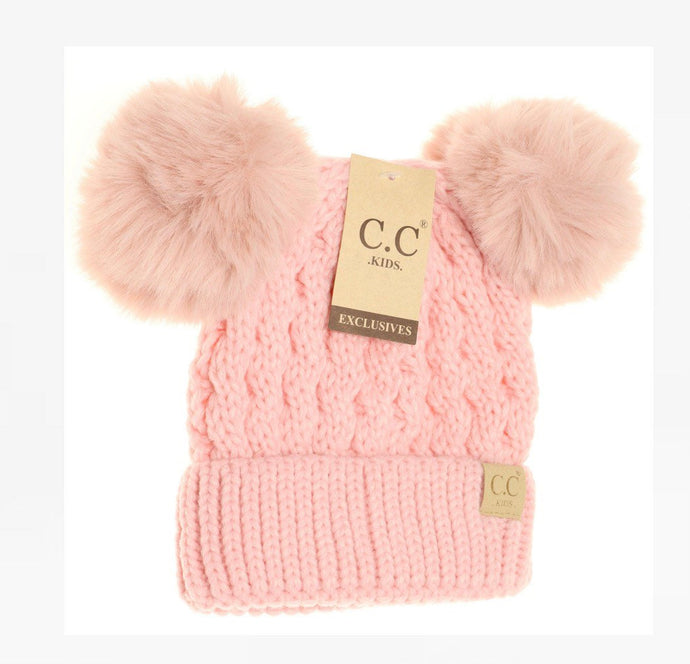 Kids Cable Knit Double Fur Pom CC Beanie