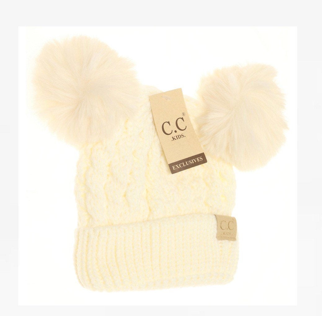 Kids Cable Knit Double Fur Pom CC Beanie