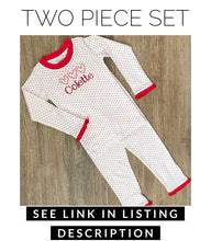 Load image into Gallery viewer, Personalized Matching 18&quot; Doll Red Bitty Dot Valentine&#39;s Day Heart Ruffled Two Piece Pajamas