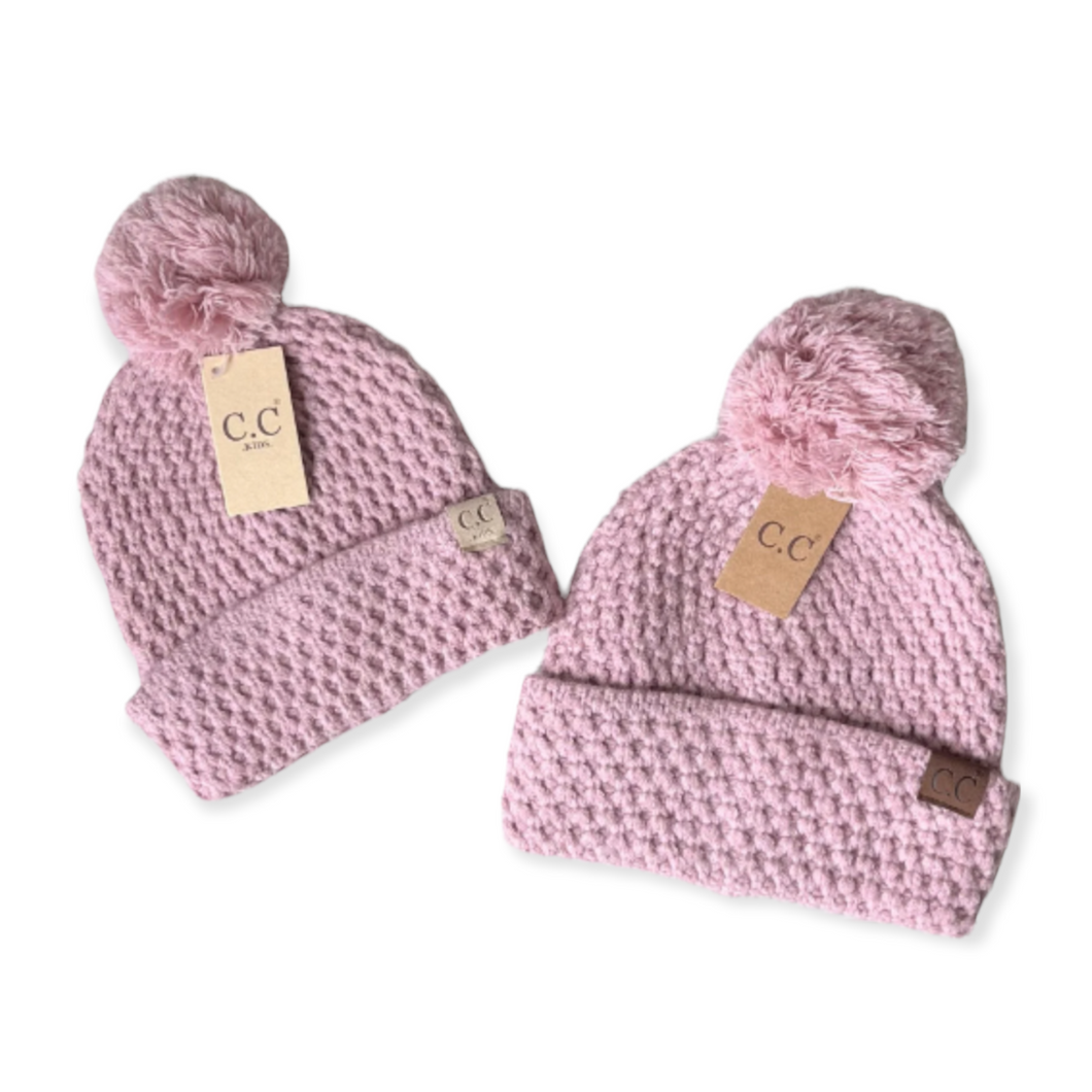 Mommy and Me Matching Bee Knit Stitch Pom CC Beanie Hats