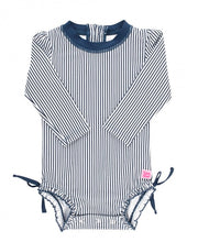 Load image into Gallery viewer, Navy Stripe One Piece Rash Guard Swimsuit