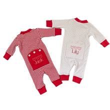 Load image into Gallery viewer, Monogrammed Red Dot//Striped Drop Seat Pajamas