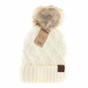 Adult Bobble Knit Fur Pom C.C Beanie