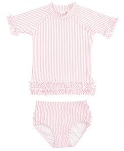 Light Pink Seersucker Ruffled Rash Guard Swimsuit Set