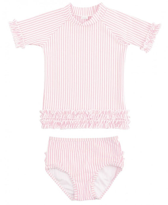 Light Pink Seersucker Ruffled Rash Guard Swimsuit Set