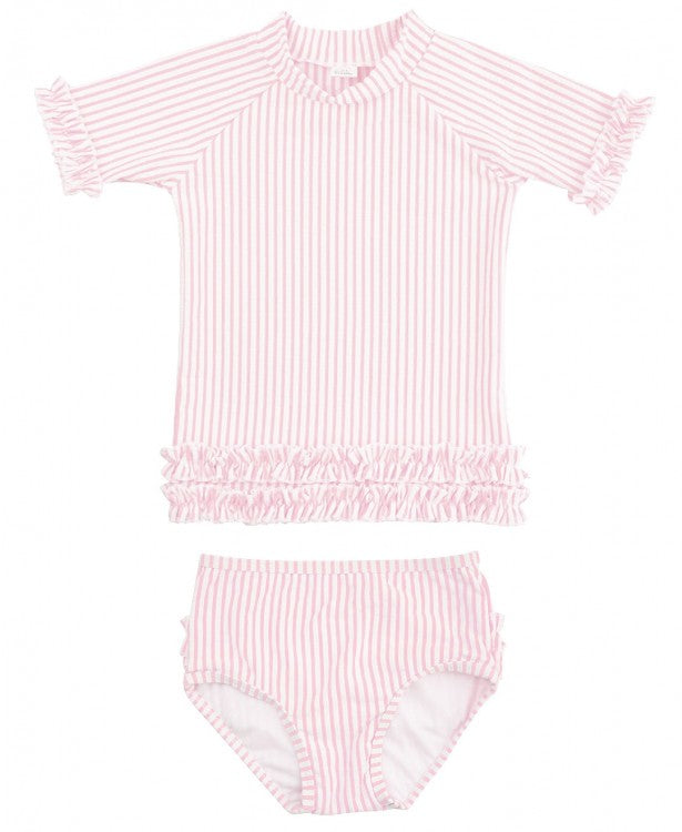 Light Pink Seersucker Ruffled Rash Guard Swimsuit Set