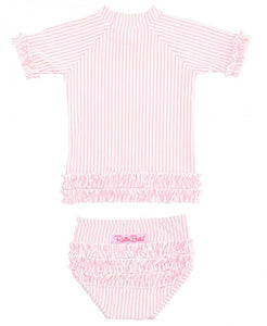 Light Pink Seersucker Ruffled Rash Guard Swimsuit Set