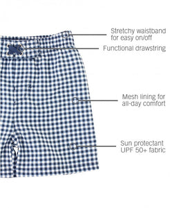 Navy Blue Gingham Swim Trunks