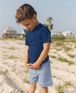 Navy Blue Gingham Swim Trunks