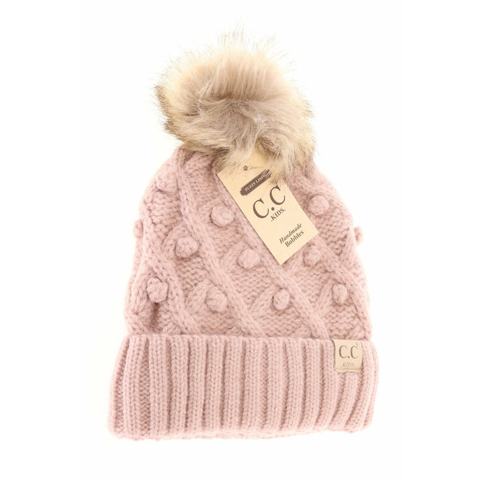 Kids Bobble Knit Faux Fur Pom CC Beanie